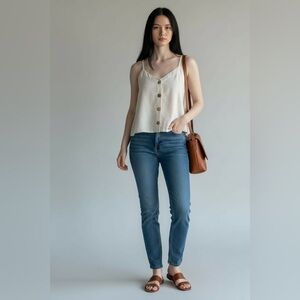 Midnight Sky Linen Blend Button Front Cami Top Beige Women’s Size M